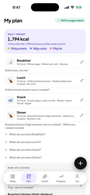 The Holdfast plan screen showing a 1,794 kcal day with breakfast, lunch, snack and dinner, and a card offering to import your coach's plan instead.